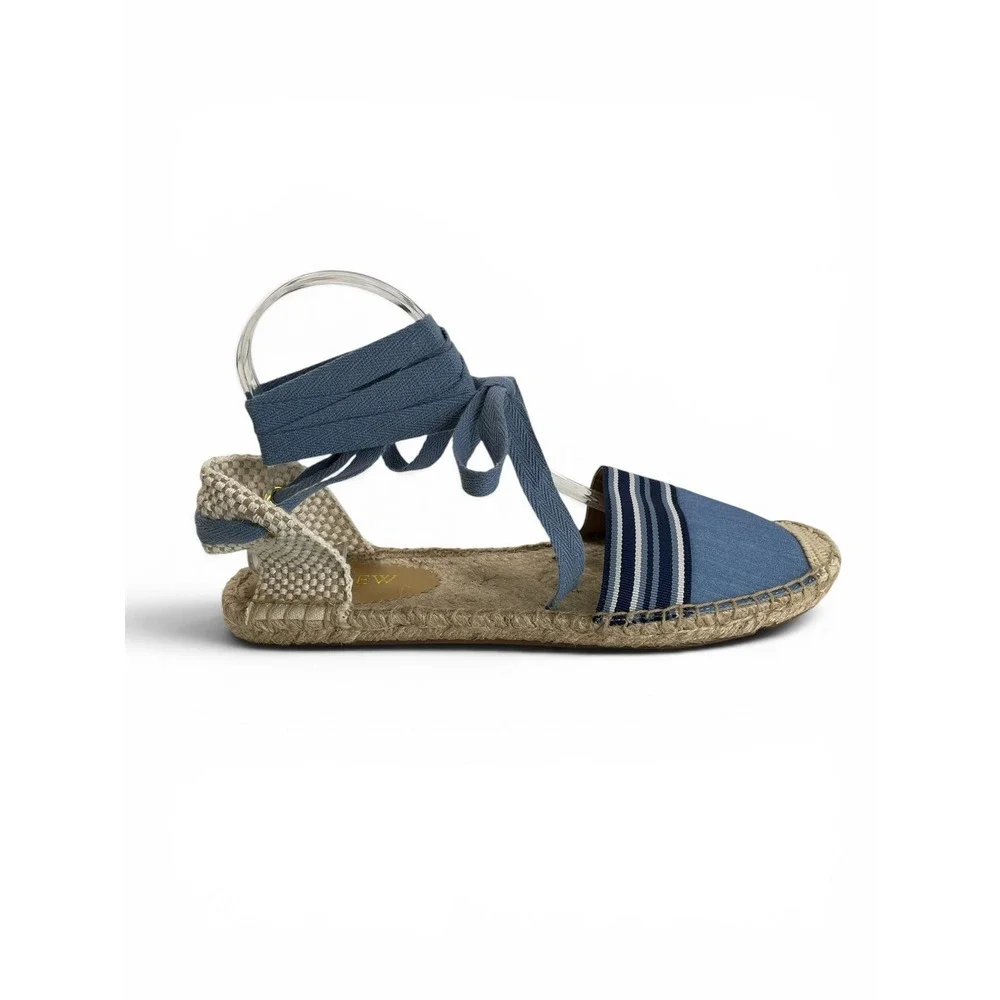 J.Crew Canvas Ankle Tie Espadrille Flats Womens‎ 8 Blue Chambray Stripe NWOB
